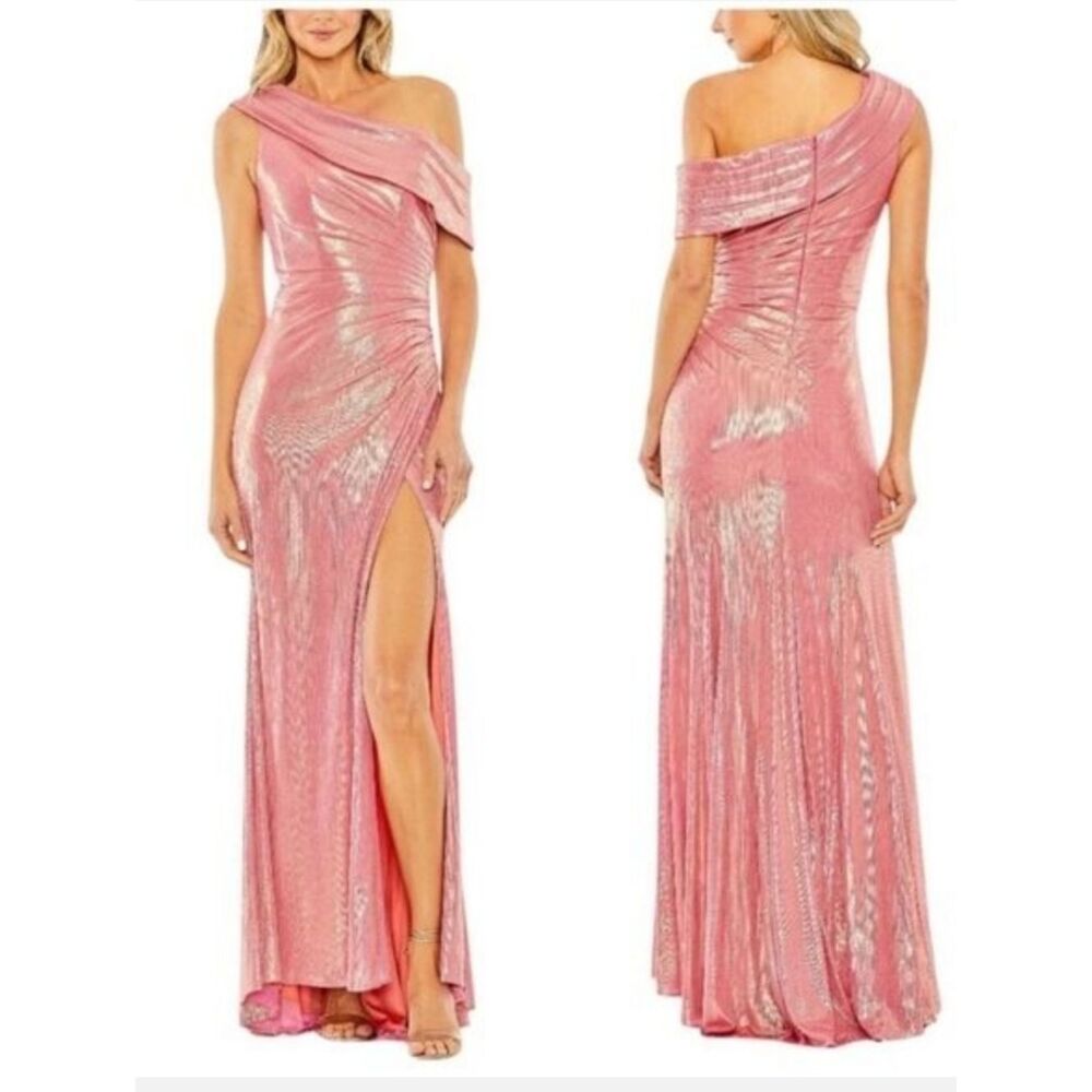 Mac DuggalOff The Shoulder Ruched Waist Slit Metallic Gown 27152 SIze 10 NWT